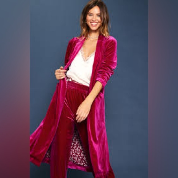 Skies Are Blue Jackets & Blazers - Skies Are Blue Plush Velvet Pink Duster Long Blazer Jacket